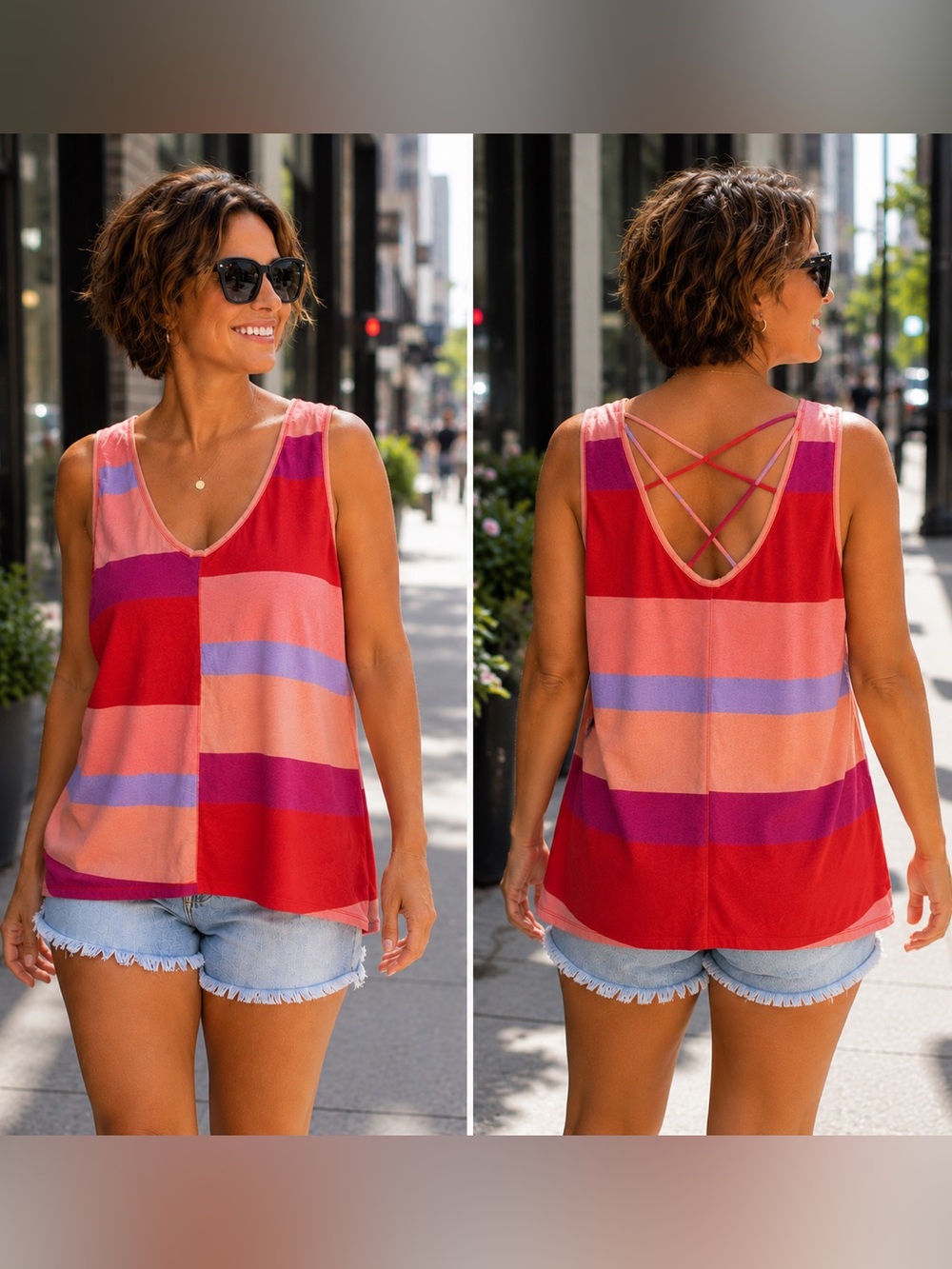 City Streets Red and Pink Striped Crisscross Back Tank